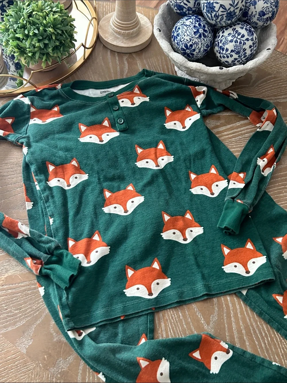 Fall Harvest Gymboree Green Woodland Forest Fox Print Henley Pajama Set Size 12